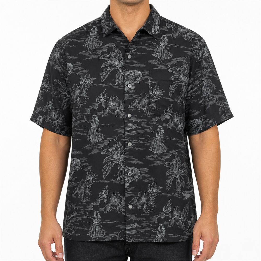 Summa Shirt Mens Large Black Hawaiian Silk Blend Hula Dancer Palm Floral Aloha